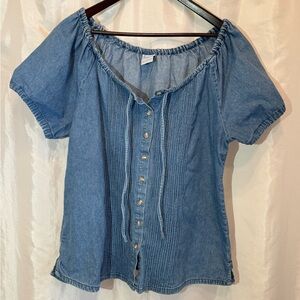 Cascade Blues Denim Look Peasant Blouse Off Shoulder Pintuck Button Front XL